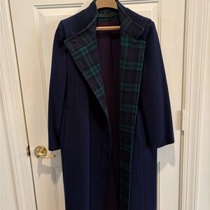 Navy Wool Blend Women’s Overcoat with Tartan Lining